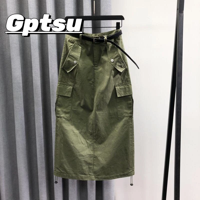 GPTSu军绿色高腰牛仔半身裙女2025夏季时尚宽松休闲百搭工装长裙