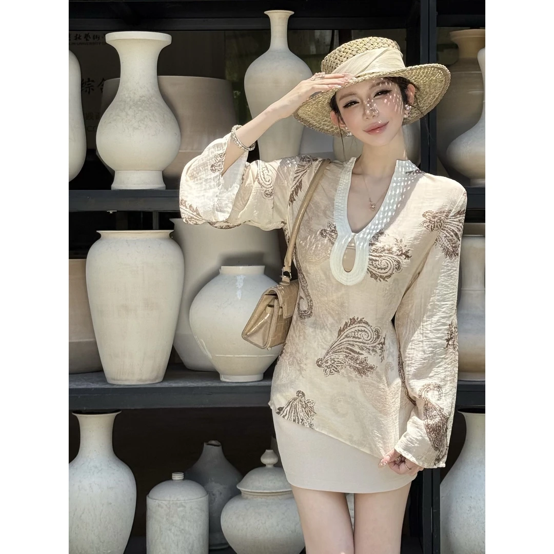 FH粉红丨“百穿不腻”老钱风天丝亚麻撞色拼接上衣LWJ25B2T1966