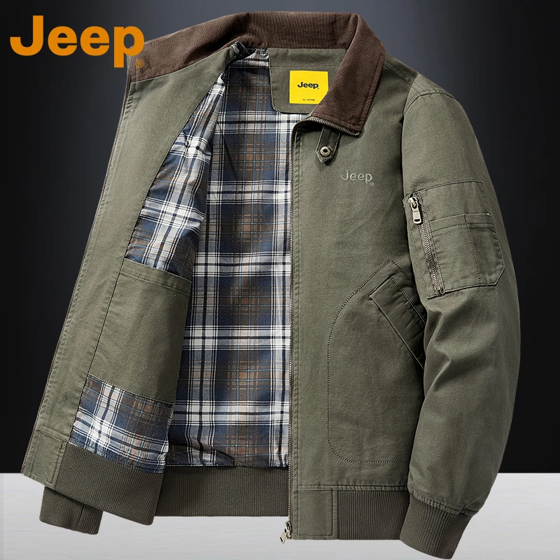JEEP吉普重磅纯棉夹克外套男款春秋季新款宽松休闲中老年翻领上衣
