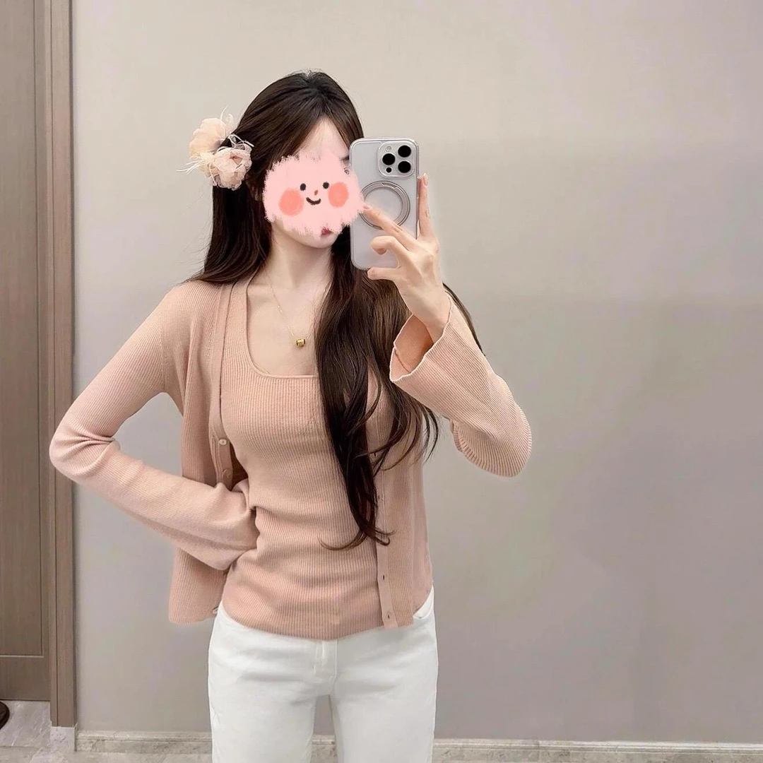 春秋季新款时尚针织开衫女小众休闲修身百搭吊带背心设计感上衣