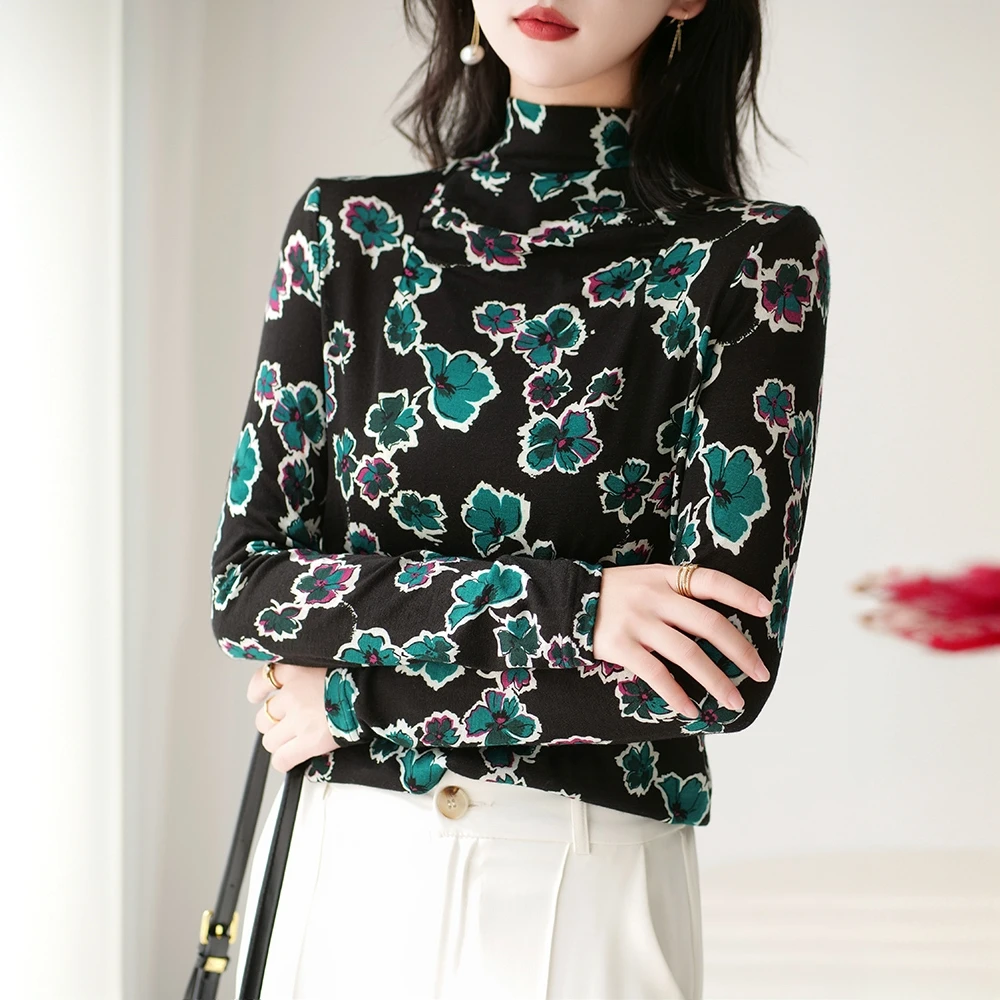 韩版堆堆领羊毛衫女100纯羊毛妈妈装印花毛衣秋冬时尚打底衫