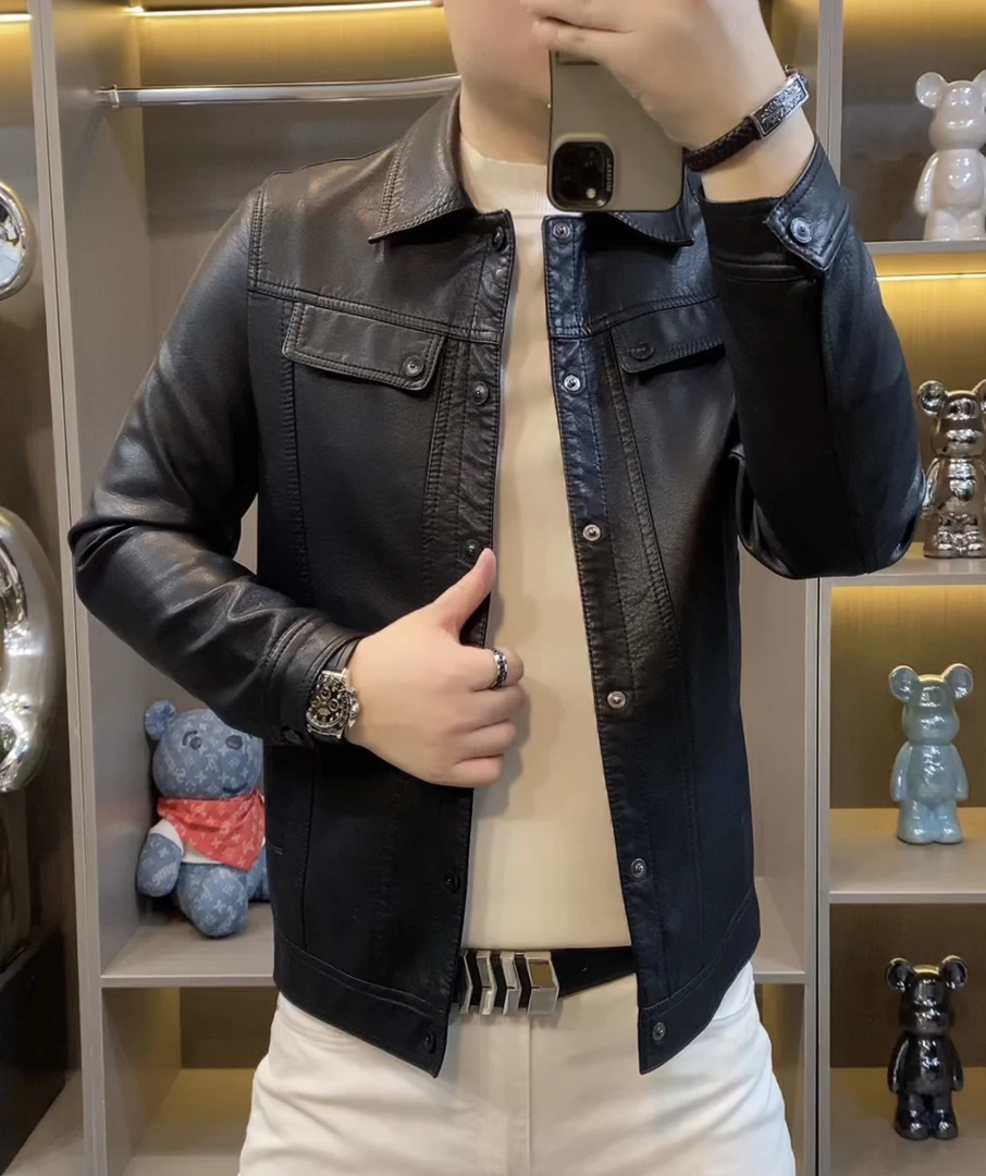 0122男士皮衣 时尚百搭皮衣高端定制皮衣休闲轻奢修身翻领帅气