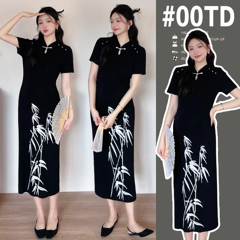 时髦国风新款孕妇装夏季爆款改良旗袍大码高级显瘦针织孕妇连衣裙