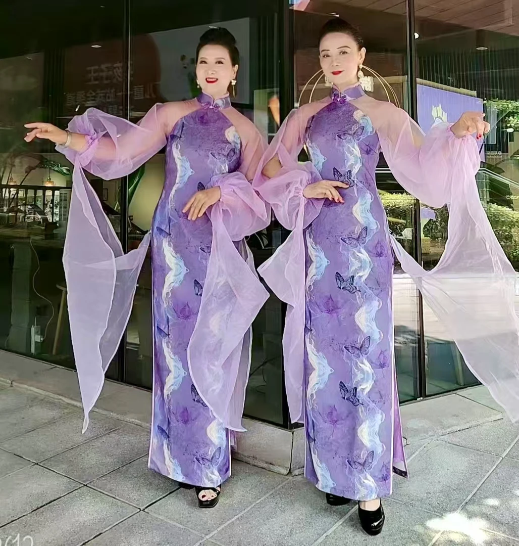 李月英中国风高端走秀旗袍紫蝴蝶（定制不退不换)可以修改