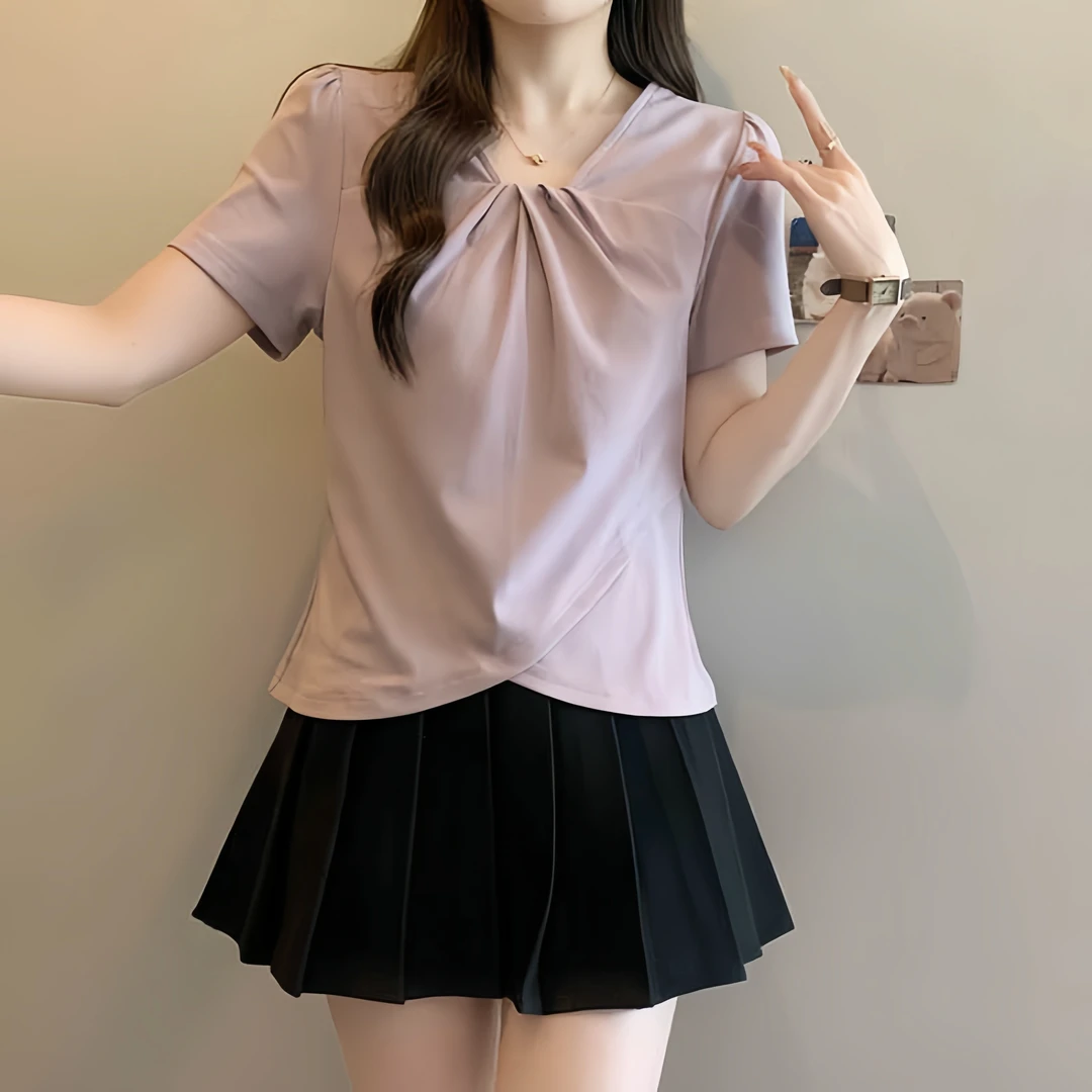 短袖T恤女2025夏季新款不规则褶皱设计感休闲百搭气质显瘦上衣女