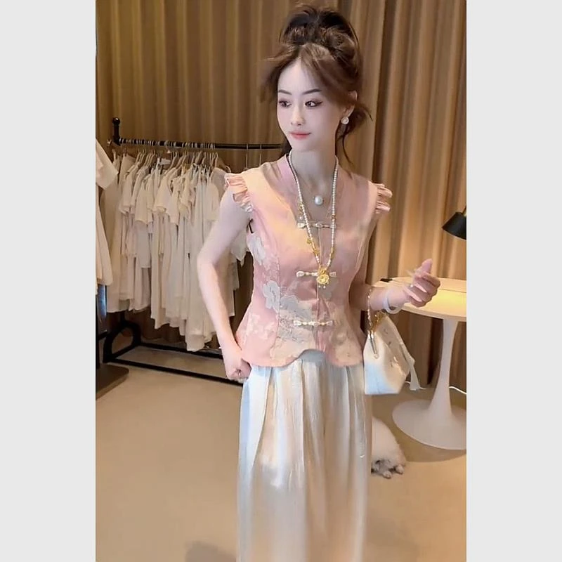 2025夏季大方得体气质高级感新中式高端国风粉色小飞袖短袖上衣女