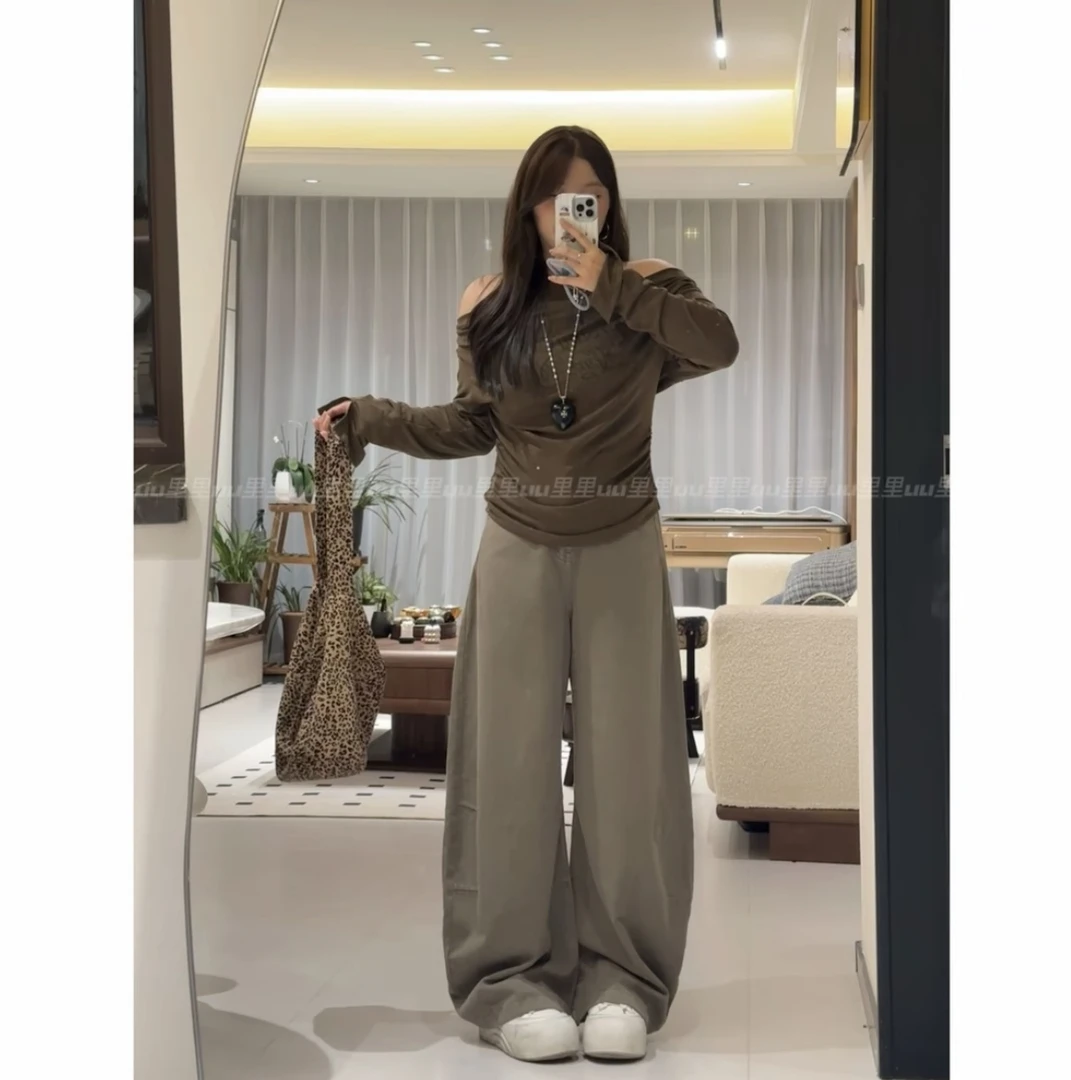 《鲨鲨定制》深卡其弯刀牛仔裤新款显瘦大码宽松设计阔腿裤森系穿搭