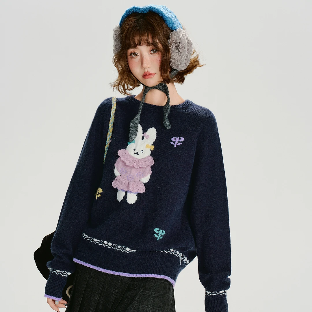 Girlyhalo美式复古立体图案针织套头毛衣女秋季新款宽松休闲上衣