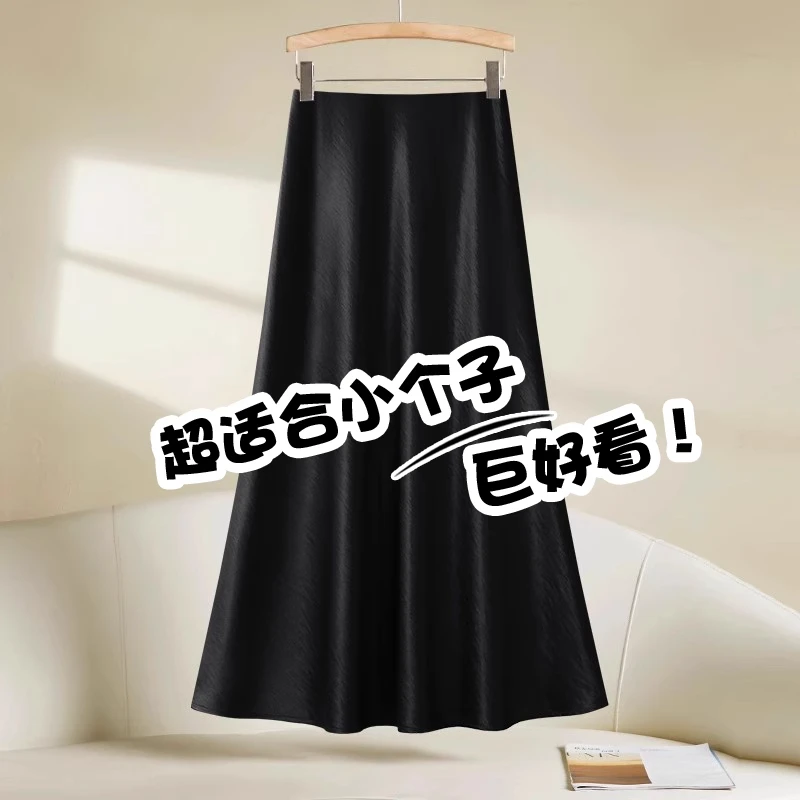 拉夏贝尔黑色醋酸半身裙秋冬加厚2025新款垂感a字月光裙缎面伞裙
