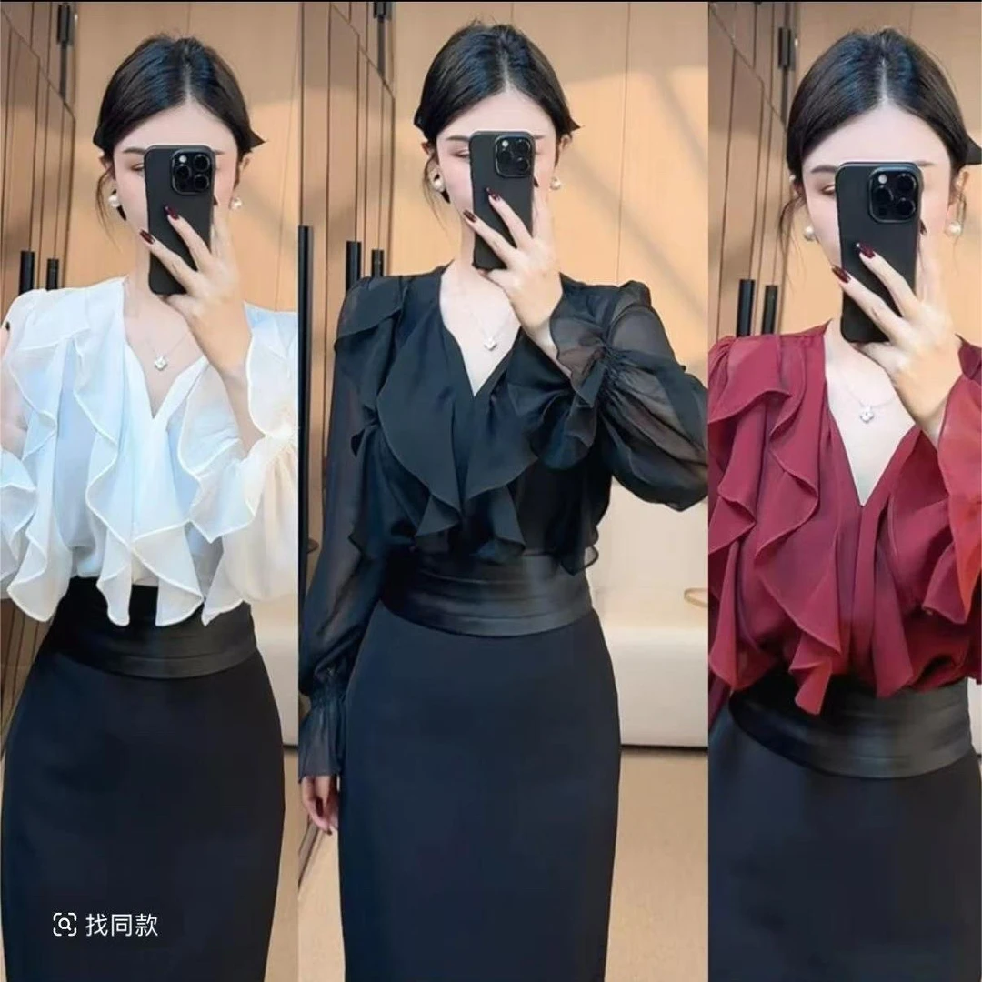 法式荷叶边气质长袖V领衬衫女春夏遮肚子显瘦百搭喇叭袖减龄上衣