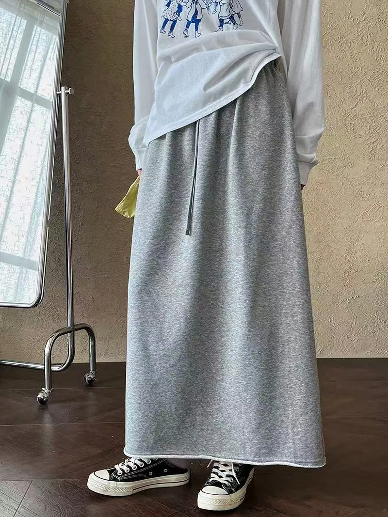 水原家 高腰韩版宽松大码休闲慵懒风卫衣毛边半裙