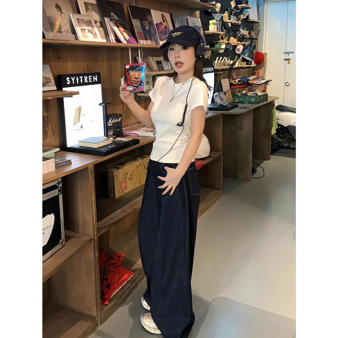 3AN3AN【丹宁返场】深蓝色阔腿牛仔裤复古街头百搭水洗高腰3ANA038