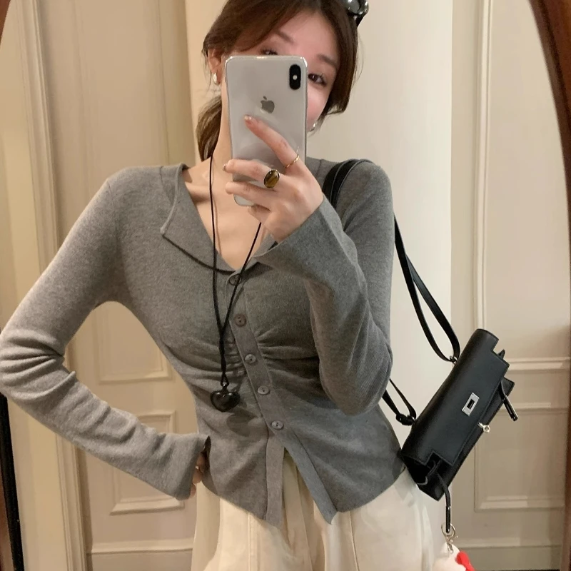 2025早秋女装纯欲灰色V领针织开衫外套韩版纯色时尚百搭短款上衣