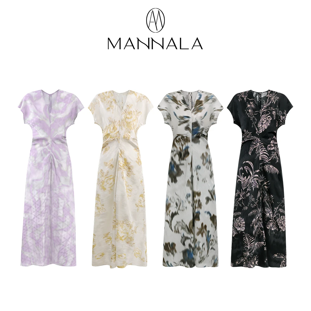 MANNALA丨 “藕紫”高定印花蚂蚁腰修身长款6A级真丝连衣裙 Q2127
