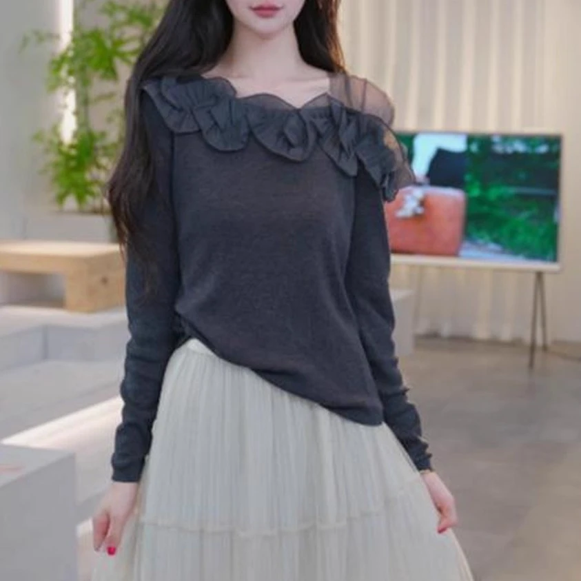 秋季新款气质长袖洋气百搭显瘦上衣女休闲温柔简约甜美花边针织衫