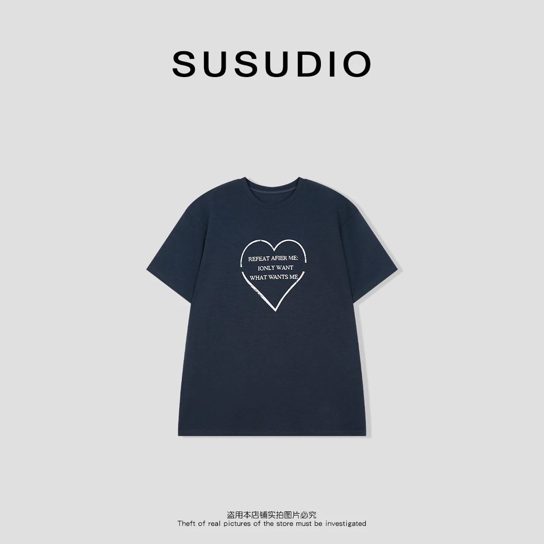 SUSUDIO  韩式慵懒感爱心字母印花圆领短袖透气T恤10194