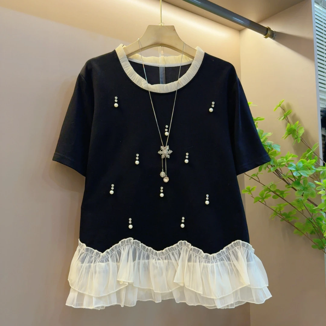 时尚轻奢圆领重工钉珠拼接花边高级感百搭遮肉上衣（长63左右）