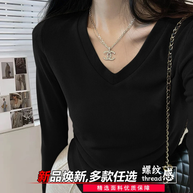 女士春秋款大码女装德绒中年妈妈洋气休闲V领加绒打底小衫长袖t恤