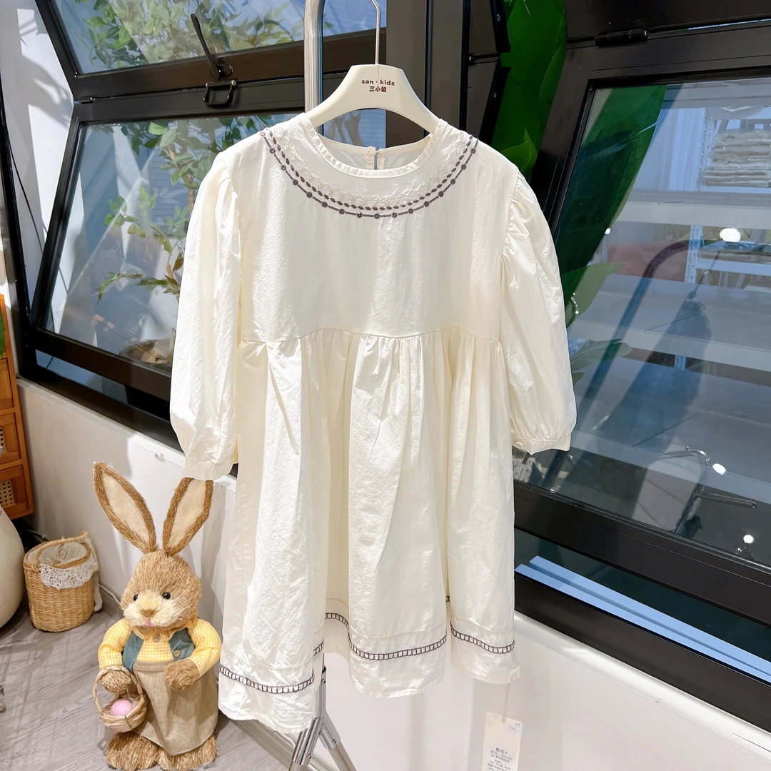 【棉布连衣裙】251119（杏色）连衣裙 女童森系 领口绣花 连衣裙