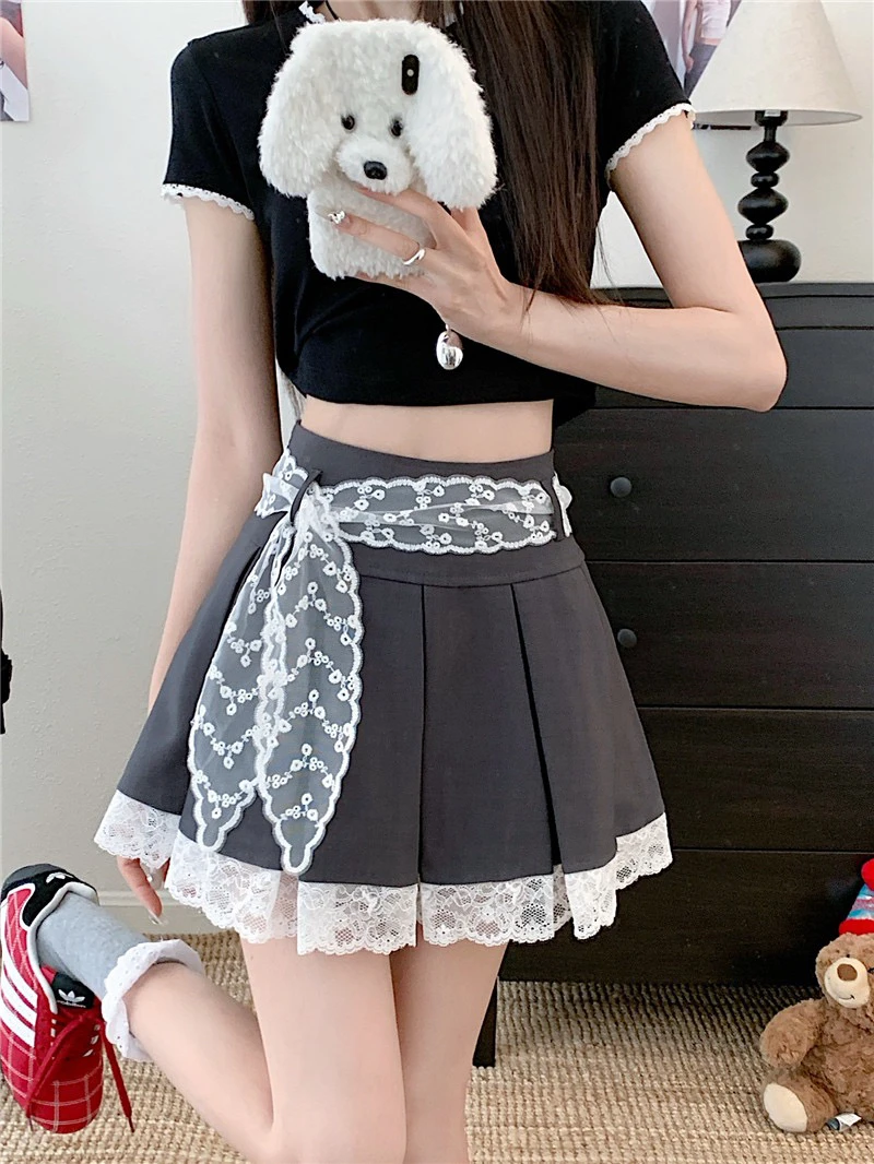 2025夏季新款蕾丝高腰系带百褶短裙韩系风格显瘦防走光半身裙