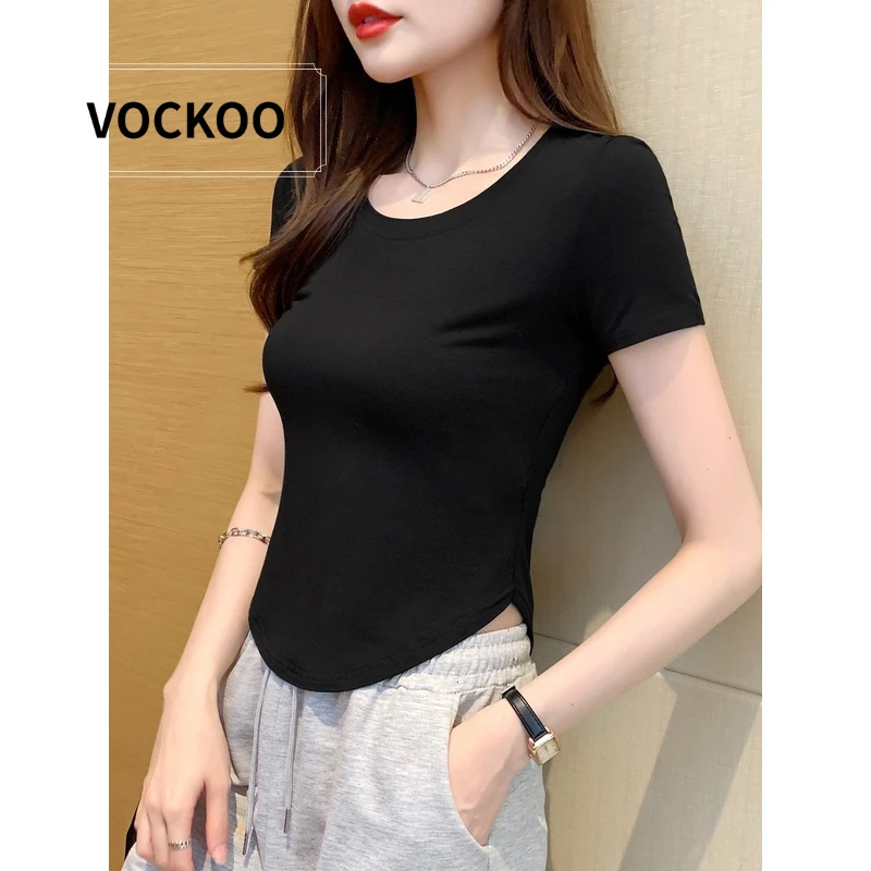 VOCKOO黑色莫代尔冰丝短袖t恤女夏百搭弧形下摆修身收腰不规则短
