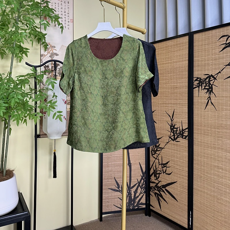 【舒苒】香云纱短袖显瘦气质时尚百搭透气夏季双面双面T桖桑蚕丝