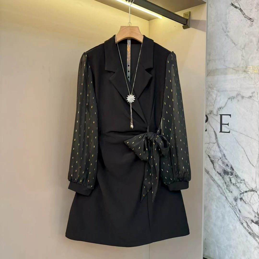 2025秋季设计感显瘦长袖轻熟风收腰遮肚胖mm蝴蝶结连衣裙993