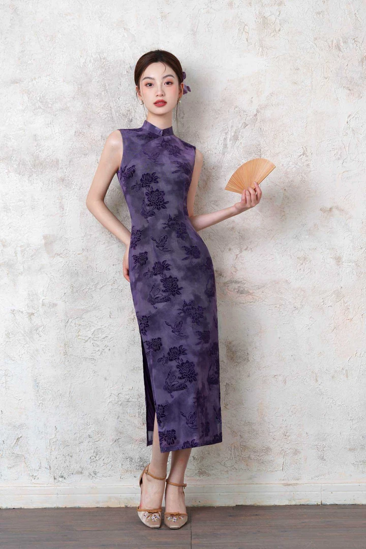 【紫韵绒花】夏季新中式紫色中长款旗袍气质显瘦裙长120cm中国风