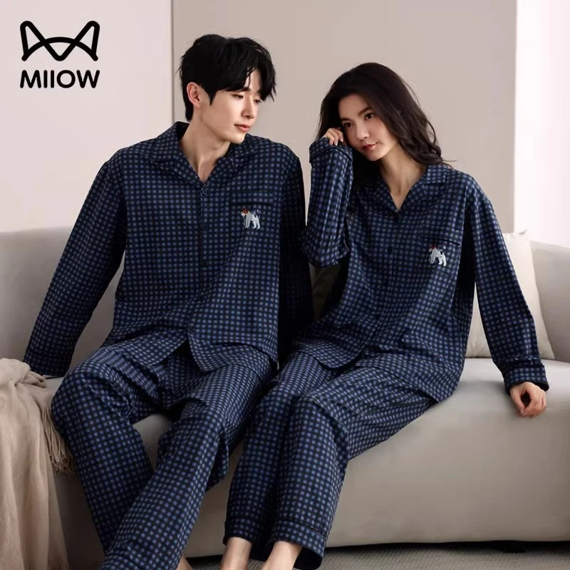 猫人情侣睡衣女薄款纯棉长袖开衫套装居家格子家居服男可外穿