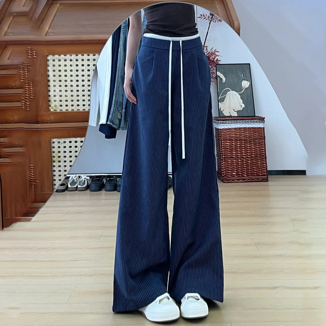 深蓝色垂感美式条纹西装裤女2025新款胖mm梨形身材显瘦阔腿休闲裤