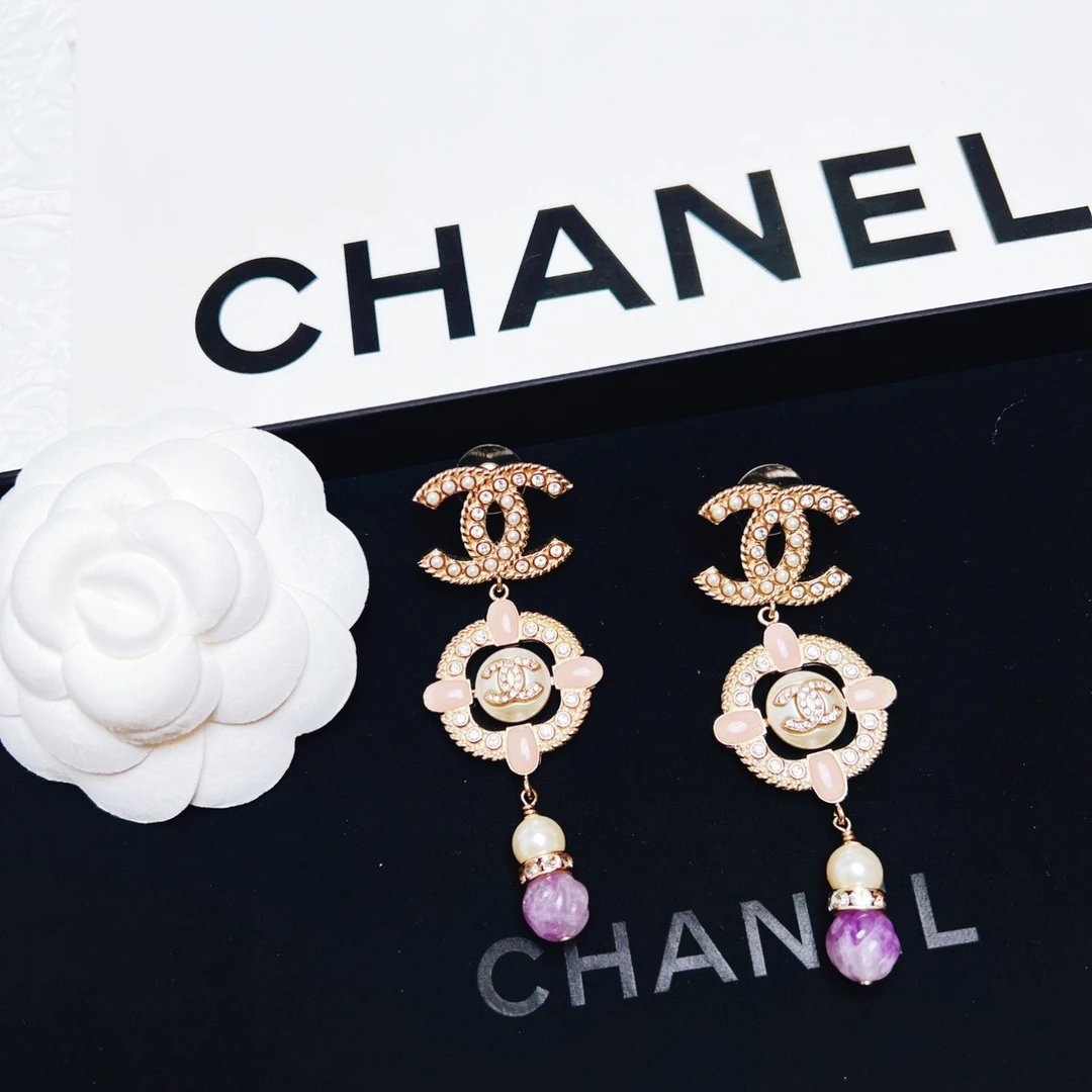 95新 Chanel/香奈儿 柚礼中古/香奈儿粉紫色双C扫肩耳钉CG501258