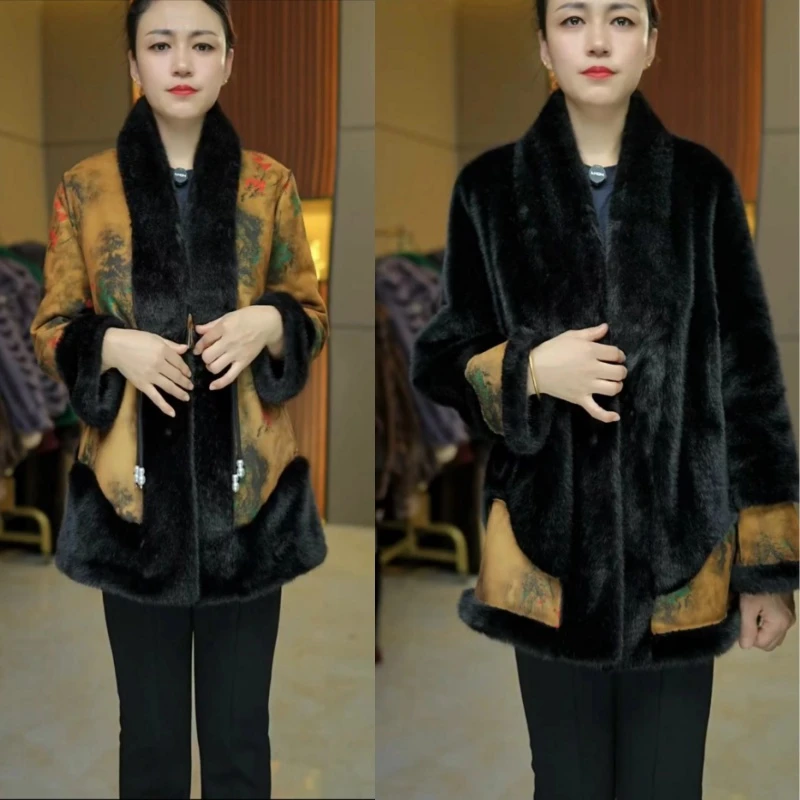 国风妈妈秋冬装外套女皮毛一体两面穿米兰貂高贵中老年大衣