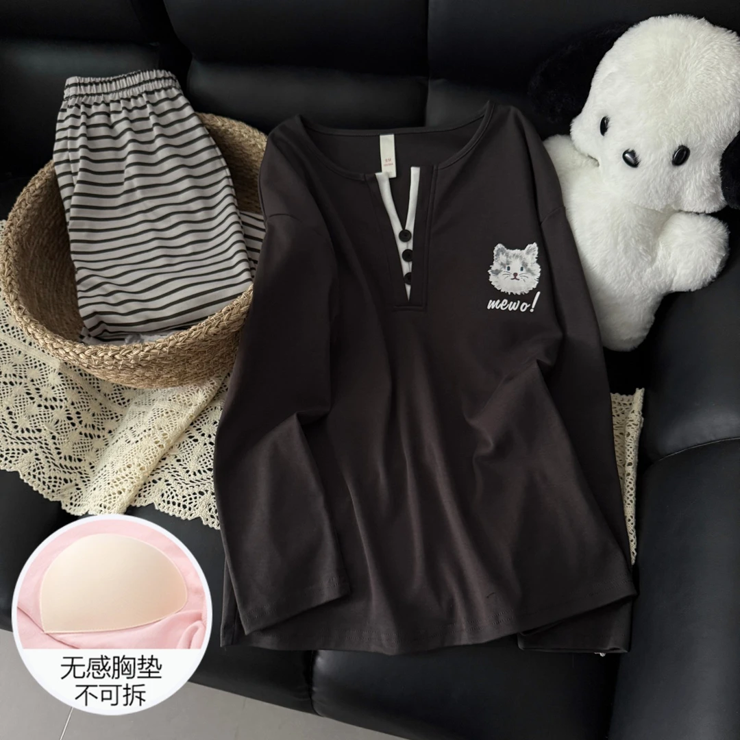 睡衣女春秋季双面精梳棉长袖2025新款带胸垫条纹猫套装冬天家居服