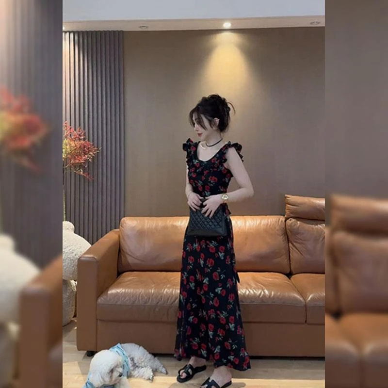 【玫瑰庄园】气质连衣裙2025夏季新款高级感玫瑰印花优雅收腰长裙子