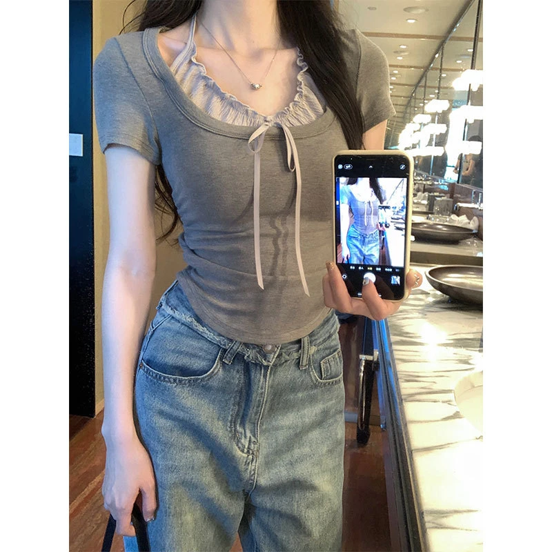 黄峥料-做法】法式纯欲挂脖假两件短袖t恤女修身短款不规则上新款