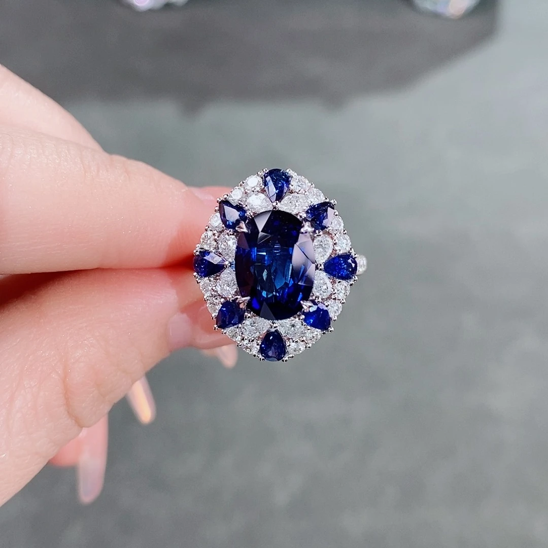 蓝宝石戒指18K金镶嵌4.09ct皇家蓝aigs两用