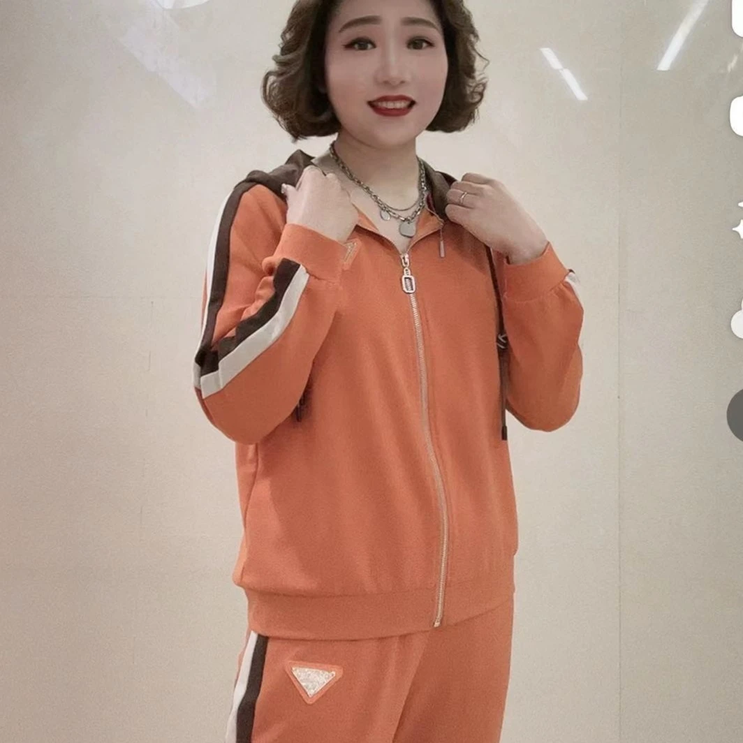 【早秋新款】时尚休闲大码拉链开衫连帽运动套装拼接撞色长袖两件套