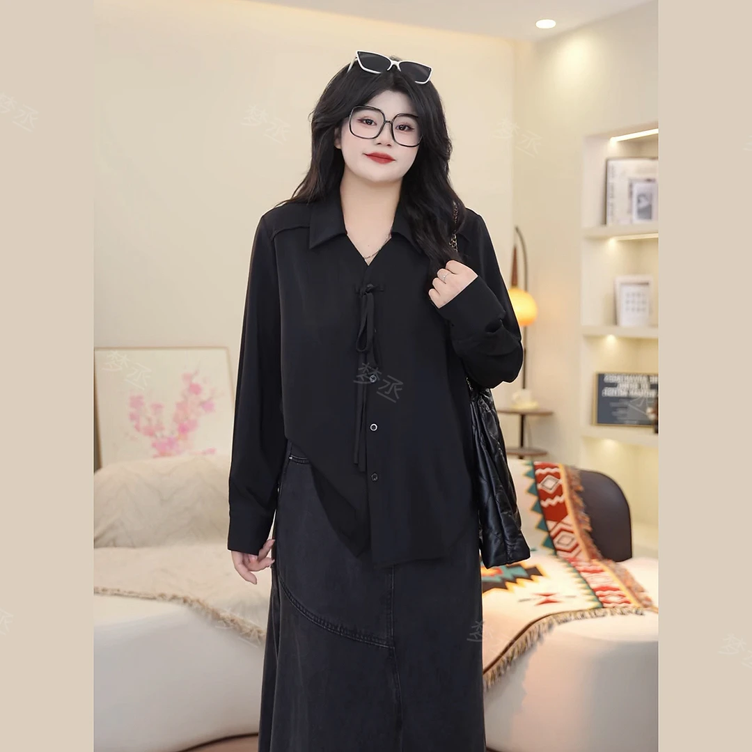 梦丞-胖mm早秋大码女装法式通勤高级感显瘦系带长袖衬衫上衣女