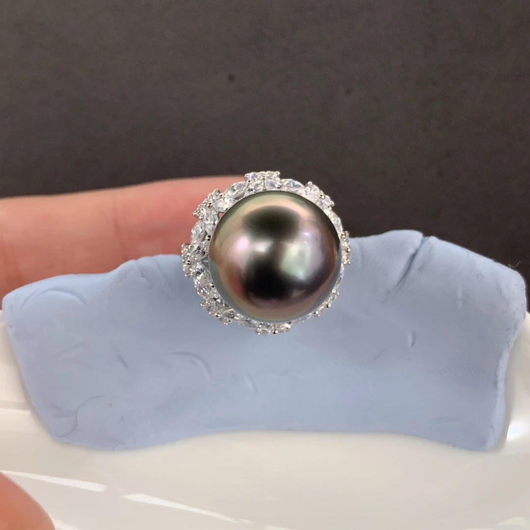 定制海水珍珠银S925镶嵌戒指/指环大溪地绿透紫色13-14mm