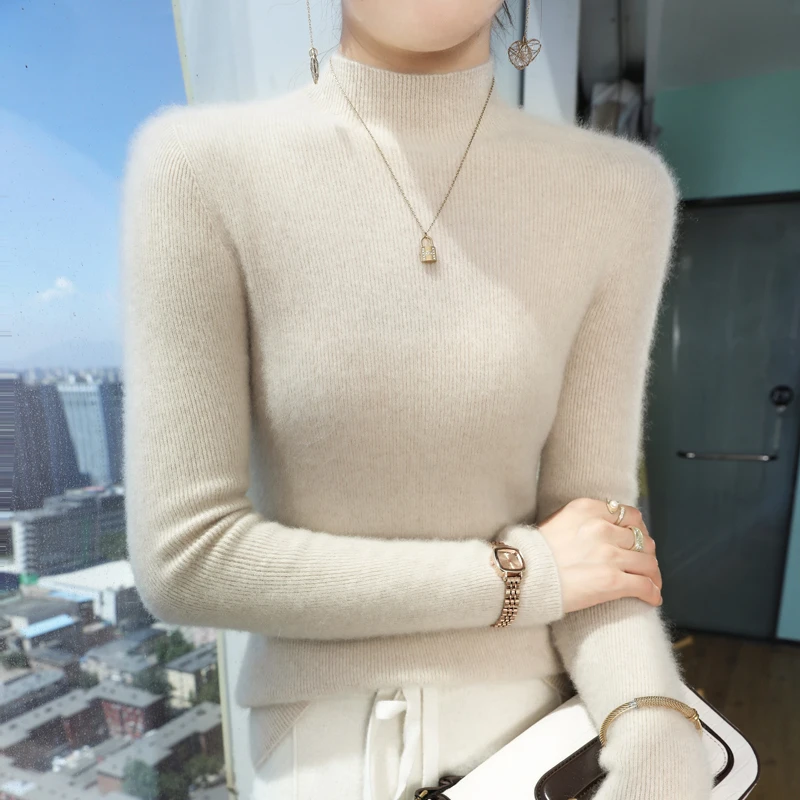 【一线成衣】纯色女长袖显瘦抽条半高领针织衫-432-1