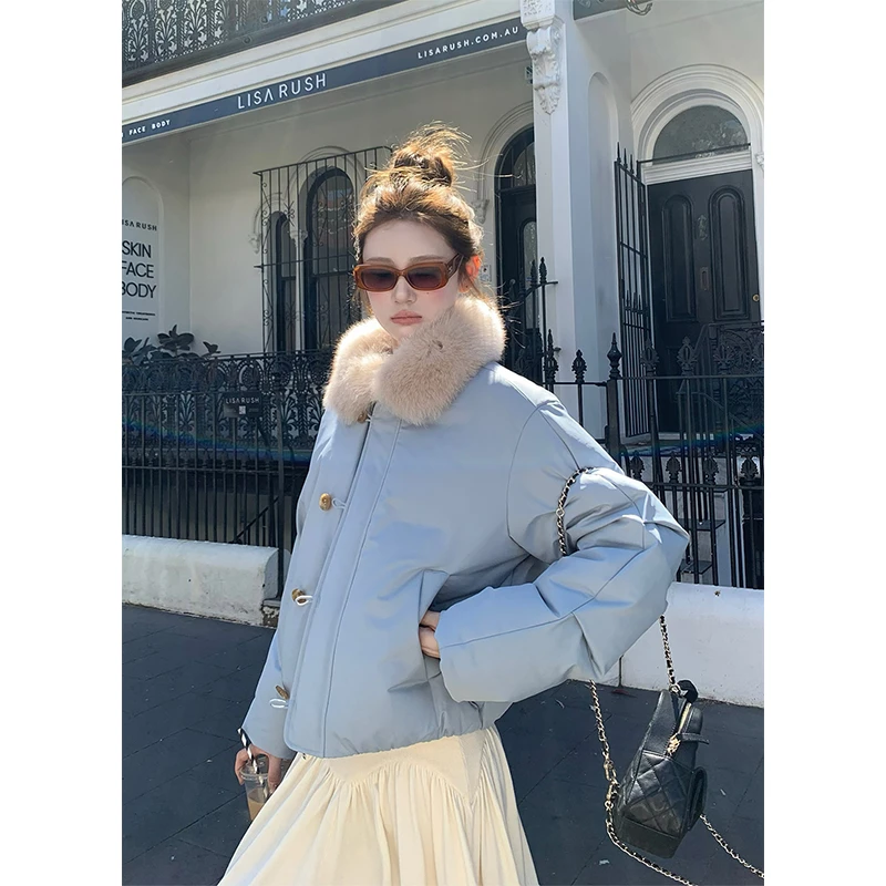 2025冬季原色毛领翻领双色加厚棉服短款外套女新款时尚通勤风上衣