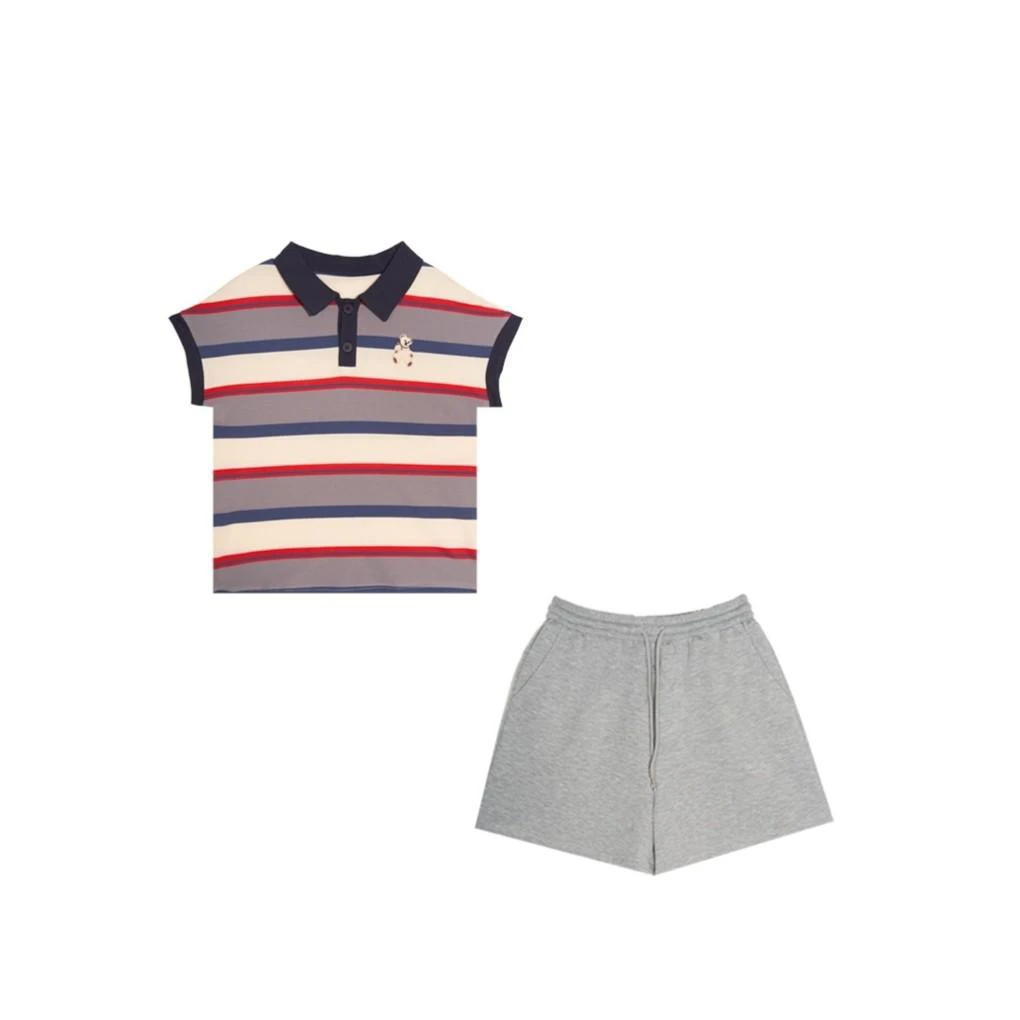 Z058『小熊条纹』2025夏季新款薄款POLO衫条纹显瘦休闲洋气裤子套装