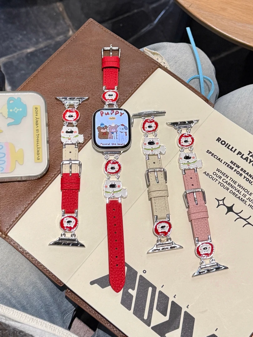 适用小米手环10小狗荔枝纹拼皮表带iwatch11红米6vivogt2狗狗表带