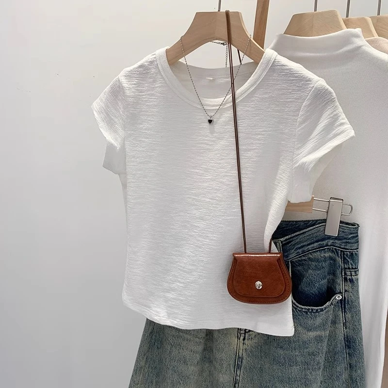 正肩韩系纯色设计感肌理面料短袖T恤女夏季小众不撞款短款小上衣