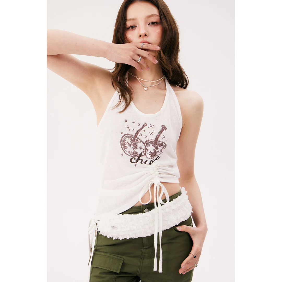 【20】CHUU樱桃字母设计星星印花甜辣风穿搭不对称挂脖背心FHSE003V