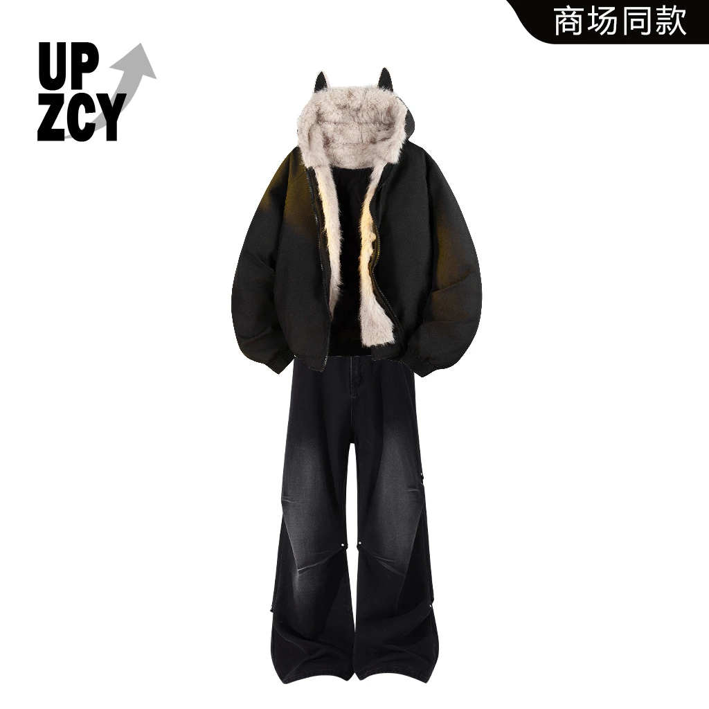 UPZCY美潮休闲风猫耳棉服保暖两件套冬季新款水洗牛仔裤男士套装