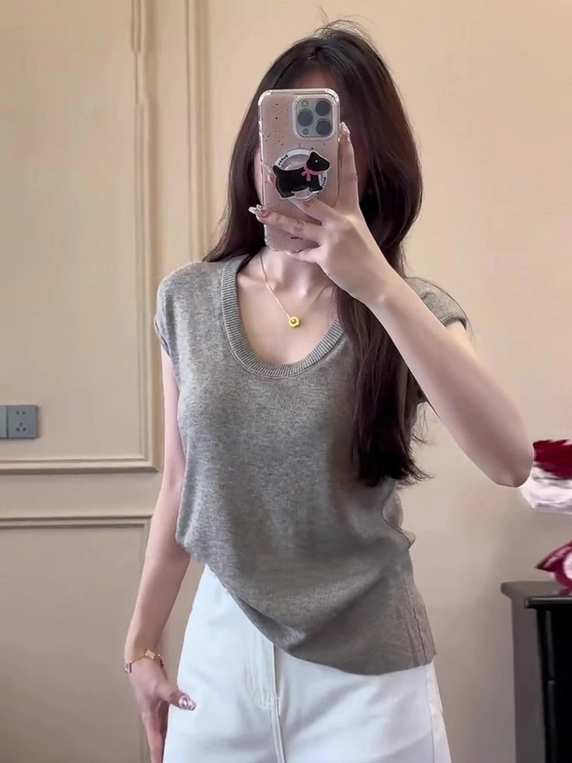 6羊针织鹅蛋领飞袖春秋夏女简约百搭圆领柔软大码显瘦打底上衣