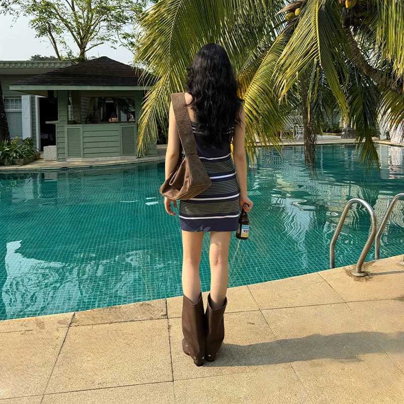 Seyora【清新海韵】欧若风棉麻条纹针织吊带连衣裙 L33248SY52