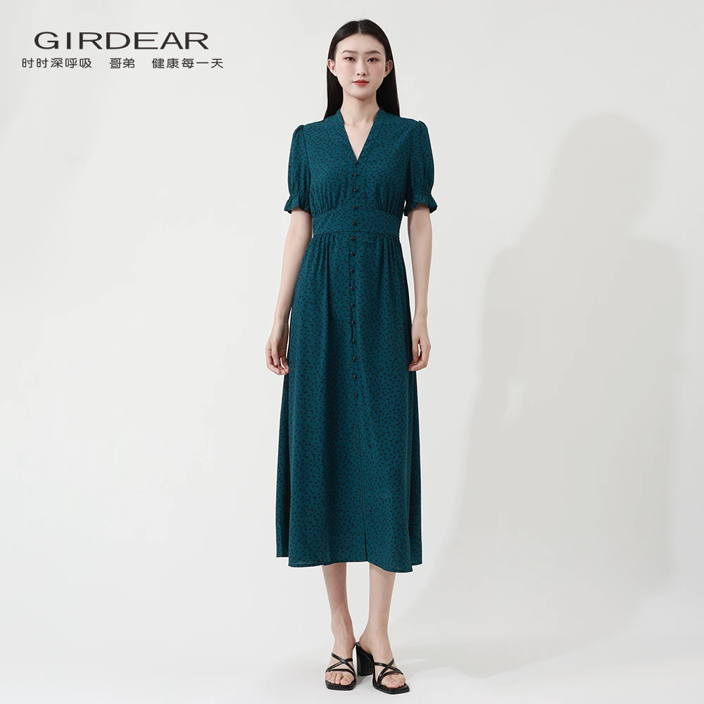 哥弟2025春夏新款法式短袖长裙轻奢气质经典百搭波点连衣裙150026