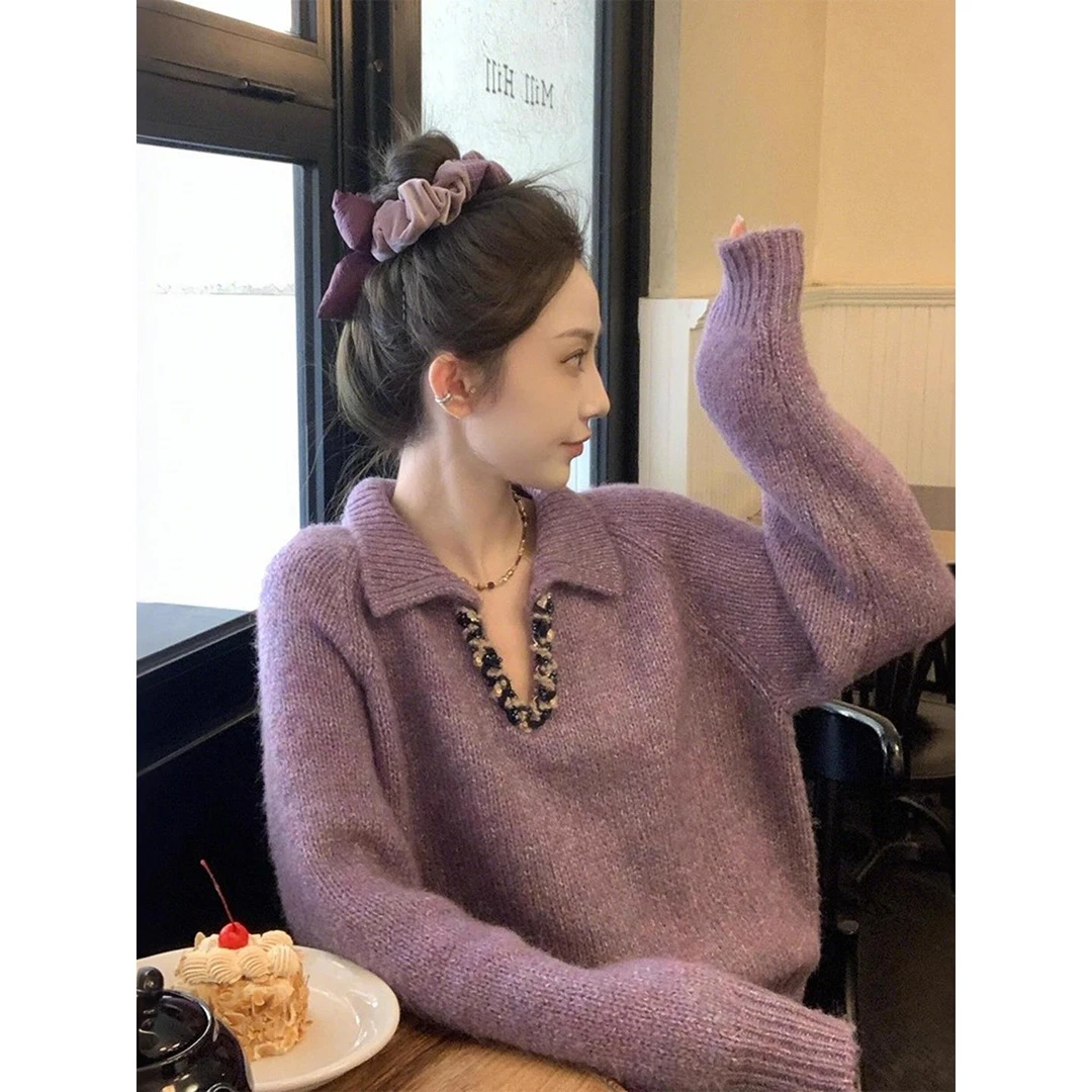 韩系紫色小香风v领毛衣女2025年秋季新款巨好看的多巴胺针织上衣